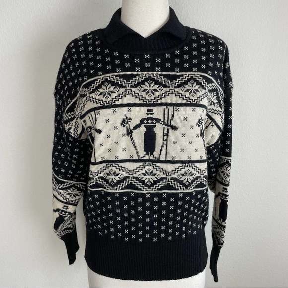 Nils Black Tan Skier Print Ski Sweater Vintage Large - Picture 1 of 7